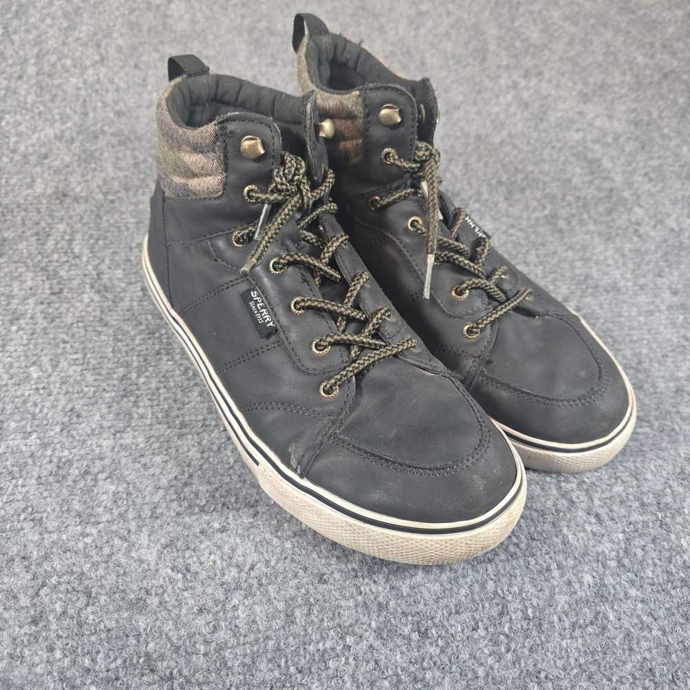 Sperry Leather High Top Sneakers Casual Lace Up Shoes Black Plaid Size 4M